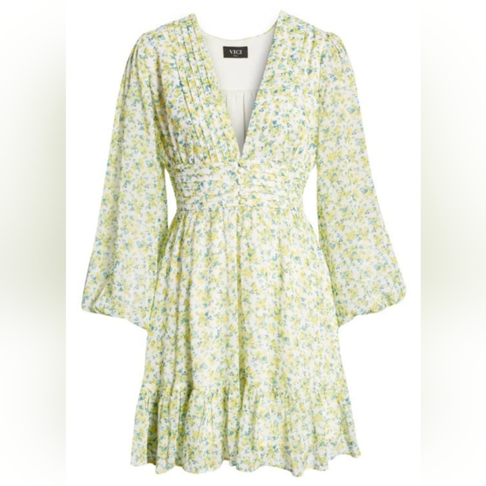 VICI Collection Floral Long Sleeve Chiffon Babydoll Mini Dress Green/Yellow - Picture 7 of 9